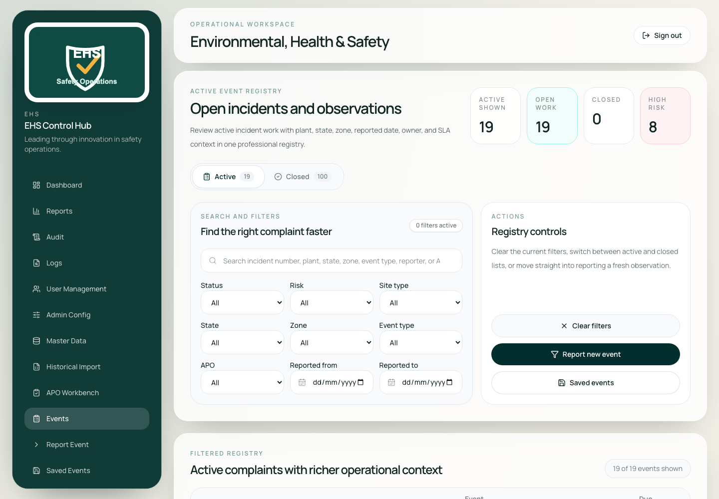 EHS event registry with filters and active incident controls
