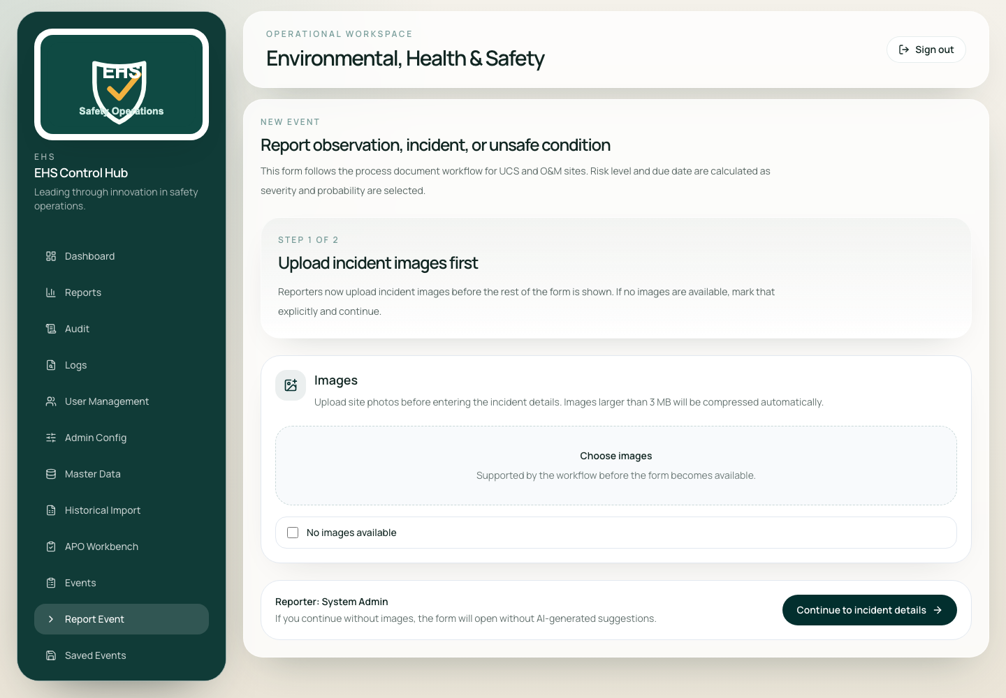 EHS report event screen with image upload workflow