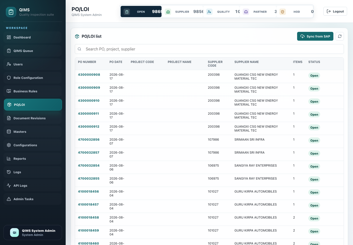 QIMS PO and LOI list with search and sync action